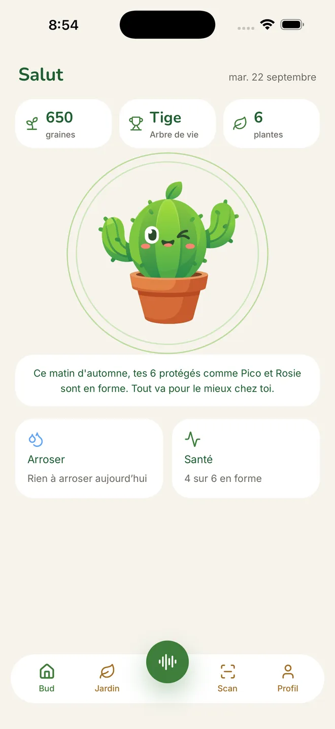 L'écran d'accueil de GreenBuddy : Bud salue et cite tes plantes par leur nom.
