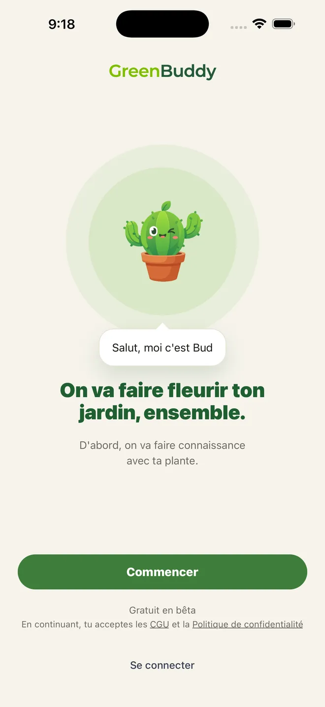 Écran de bienvenue de GreenBuddy : Bud se présente.