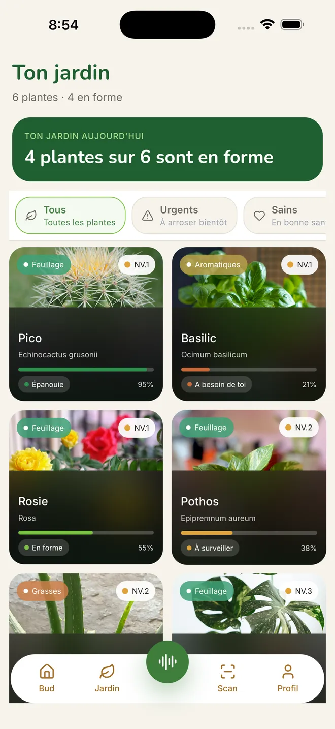 Le jardin dans GreenBuddy : six plantes avec leur état de santé.